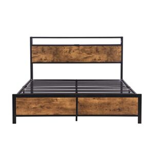 MWrouqfur Modern Industrial Queen Bed Frame with LED Lights and 2 USB Ports,Bed Frame Queen Size with Wood Storage Headboard and 12" Under Bed Storage,Noise Free,No Box Spring Needed (Queen)