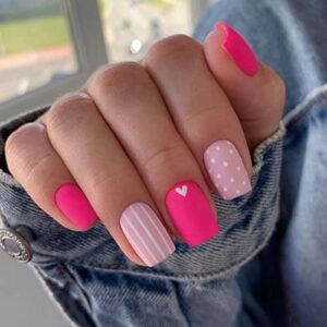 gifts for valentine`s day short square barbie pinks nails with love pattern, women press on nail fashion false nail (barbie pink)
