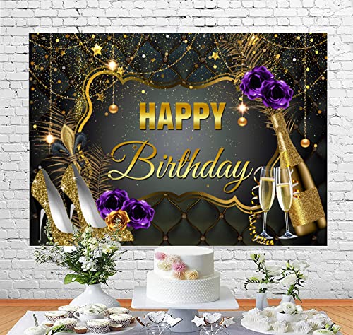 InMemory Black and Gold Happy Birthday Backdrop Banner for Women Sequin High Heel Champagne Purple Bday Photography Background for Adult Queen Birthday Party Decor Supplies Photo Booth Backdrops 5x3ft