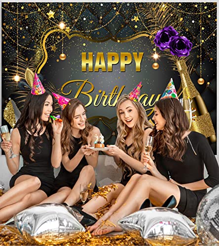 InMemory Black and Gold Happy Birthday Backdrop Banner for Women Sequin High Heel Champagne Purple Bday Photography Background for Adult Queen Birthday Party Decor Supplies Photo Booth Backdrops 5x3ft