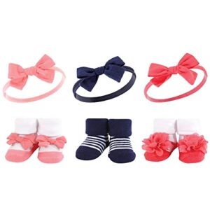 hudson baby baby girls' headband and socks giftset, navy coral, one size