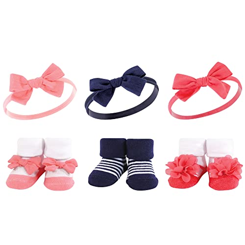 Hudson Baby Baby Girls' Headband and Socks Giftset, Navy Coral, One Size