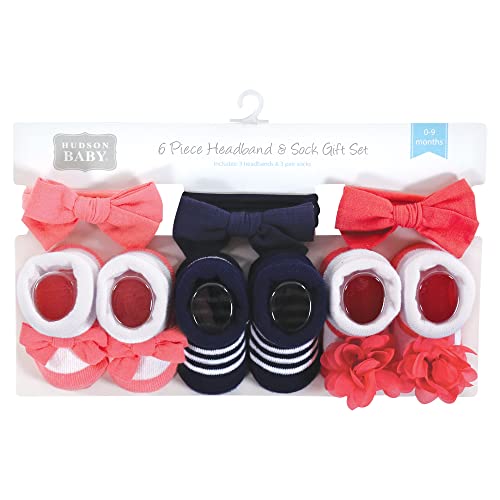 Hudson Baby Baby Girls' Headband and Socks Giftset, Navy Coral, One Size