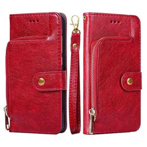 youkabei mojiery phone cover zipper wallet folio case for oppo realme 7 pro, premium pu leather slim fit cover for realme 7 pro, 1 photo frame slot, 3 card slots, dirt-proof, red