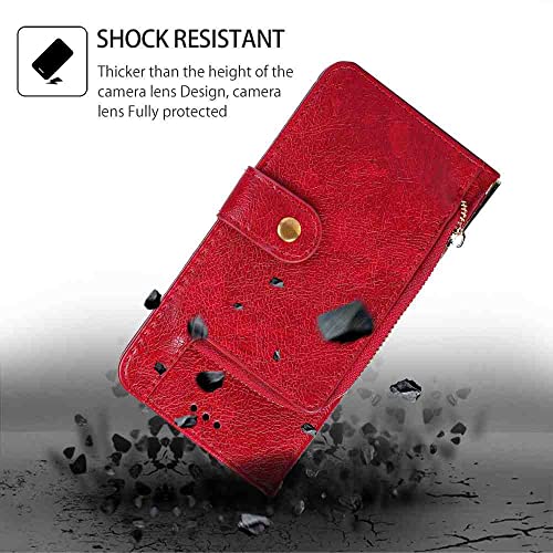 YOUKABEI MojieRy Phone Cover Zipper Wallet Folio Case for Oppo REALME 7 PRO, Premium PU Leather Slim Fit Cover for REALME 7 PRO, 1 Photo Frame Slot, 3 Card Slots, Dirt-Proof, Red
