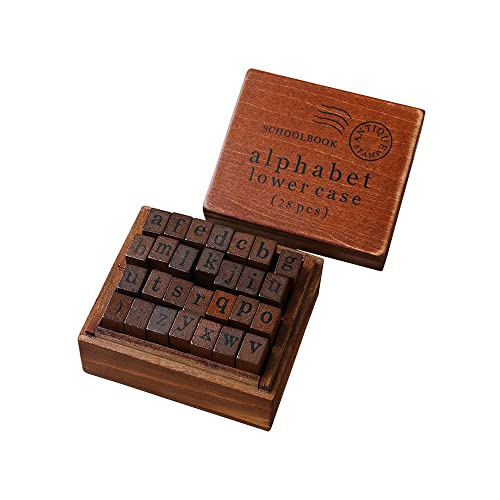 DIYOMR Vintage Letter Stamps Wood Rubber Stamps, 26Pcs Alphabet Stamps Set with Old Red Vintage Wooden Box for Gift Card Making Scrapbook DIY Ancient Typing Simulation (Lowercase, Print)