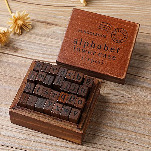 DIYOMR Vintage Letter Stamps Wood Rubber Stamps, 26Pcs Alphabet Stamps Set with Old Red Vintage Wooden Box for Gift Card Making Scrapbook DIY Ancient Typing Simulation (Lowercase, Print)