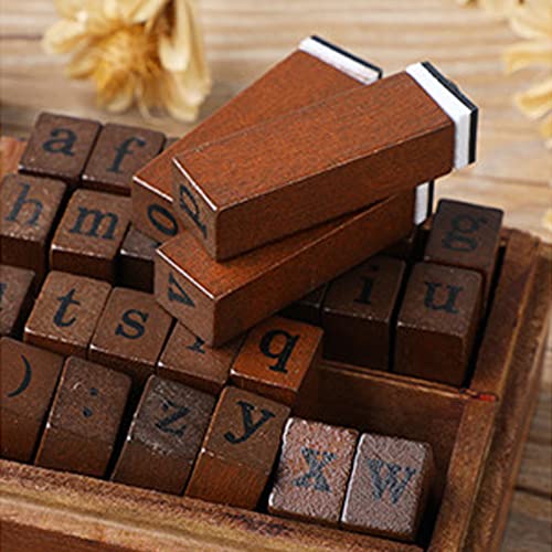 DIYOMR Vintage Letter Stamps Wood Rubber Stamps, 26Pcs Alphabet Stamps Set with Old Red Vintage Wooden Box for Gift Card Making Scrapbook DIY Ancient Typing Simulation (Lowercase, Print)