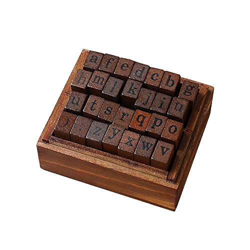 DIYOMR Vintage Letter Stamps Wood Rubber Stamps, 26Pcs Alphabet Stamps Set with Old Red Vintage Wooden Box for Gift Card Making Scrapbook DIY Ancient Typing Simulation (Lowercase, Print)