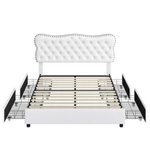HOSTACK Full Bed Frame with 4 Storage Drawers, Upholstered Platform Bed Frame with Button Tufted Headboard, Heavy Duty Mattress Foundation with Wooden Slats, No Box Spring Needed (White, Full)