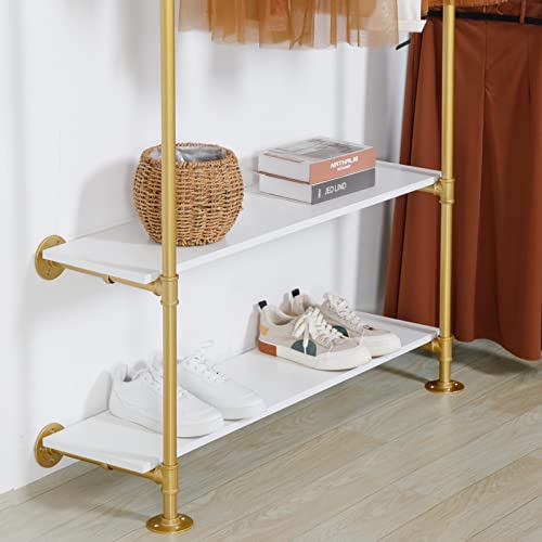 EDCB Modern Simple Industrial Pipe Clothing Rack Wall Mounted Hanging Rods Garment Bar with Shelves, Heavy Duty Garment Rack for Boutiques Retail Display (Glod, 92.1X76.8inch)