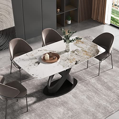 Modern Dining Table, Antique White Sintered Stone Tabletop Dining Table with Black X-Shaped Solid Carbon Steel Base, 63" Rectangular Dining Table for 4-6