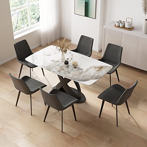 Modern Dining Table, Antique White Sintered Stone Tabletop Dining Table with Black X-Shaped Solid Carbon Steel Base, 63" Rectangular Dining Table for 4-6