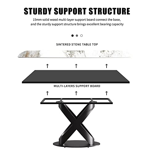 Modern Dining Table, Antique White Sintered Stone Tabletop Dining Table with Black X-Shaped Solid Carbon Steel Base, 63" Rectangular Dining Table for 4-6