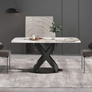 Modern Dining Table, Antique White Sintered Stone Tabletop Dining Table with Black X-Shaped Solid Carbon Steel Base, 63" Rectangular Dining Table for 4-6