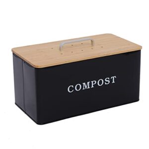 gdfjiy compost bin kitchen, indoor compost bucket, rectangle compost bin with wooden lid, 2 gallon capacity for home compost tumbler, kitchen waste garbage can, includes 4 charcoal filters (black)