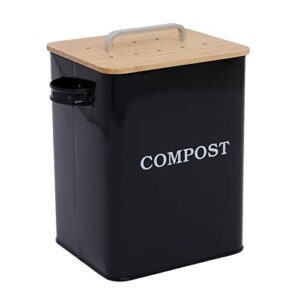 gdfjiy indoor compost bin, kitchen compost pail countertop, metal compost bin with wooden lid, 6.5l capacity for home compost, kitchen waste bins garbage can, includes 4 charcoal filters (black)