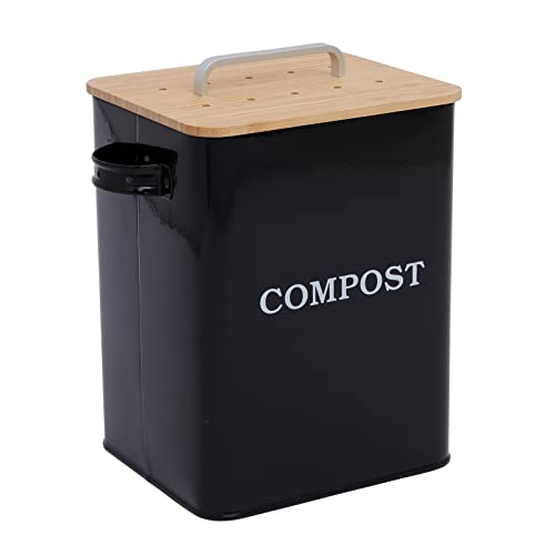 Gdfjiy Indoor Compost Bin, Kitchen Compost Pail Countertop, Metal Compost Bin with Wooden Lid, 6.5L Capacity for Home Compost, Kitchen Waste Bins Garbage Can, Includes 4 Charcoal Filters (Black)