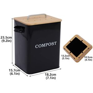 Gdfjiy Indoor Compost Bin, Kitchen Compost Pail Countertop, Metal Compost Bin with Wooden Lid, 6.5L Capacity for Home Compost, Kitchen Waste Bins Garbage Can, Includes 4 Charcoal Filters (Black)