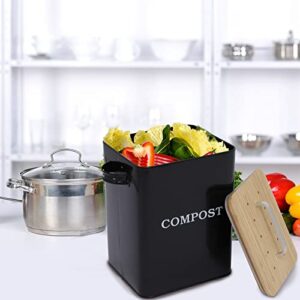 Gdfjiy Indoor Compost Bin, Kitchen Compost Pail Countertop, Metal Compost Bin with Wooden Lid, 6.5L Capacity for Home Compost, Kitchen Waste Bins Garbage Can, Includes 4 Charcoal Filters (Black)