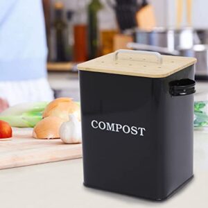 Gdfjiy Indoor Compost Bin, Kitchen Compost Pail Countertop, Metal Compost Bin with Wooden Lid, 6.5L Capacity for Home Compost, Kitchen Waste Bins Garbage Can, Includes 4 Charcoal Filters (Black)