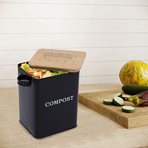 Gdfjiy Indoor Compost Bin, Kitchen Compost Pail Countertop, Metal Compost Bin with Wooden Lid, 6.5L Capacity for Home Compost, Kitchen Waste Bins Garbage Can, Includes 4 Charcoal Filters (Black)