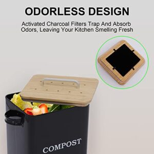 Gdfjiy Indoor Compost Bin, Kitchen Compost Pail Countertop, Metal Compost Bin with Wooden Lid, 6.5L Capacity for Home Compost, Kitchen Waste Bins Garbage Can, Includes 4 Charcoal Filters (Black)