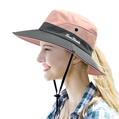 Womens Sun Hat with Ponytail Hole Sun Shade Hat UV Protection Foldable Mesh Wide Brim Beach Hiking Fishing Hat for Women (Pink)