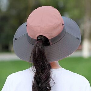 Womens Sun Hat with Ponytail Hole Sun Shade Hat UV Protection Foldable Mesh Wide Brim Beach Hiking Fishing Hat for Women (Pink)