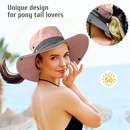 Womens Sun Hat with Ponytail Hole Sun Shade Hat UV Protection Foldable Mesh Wide Brim Beach Hiking Fishing Hat for Women (Pink)