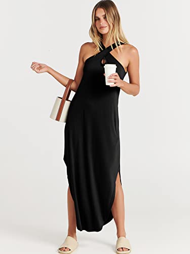 ANRABESS Women's Casual Loose Sleeveless Beach Dress Criss Cross Slit Maxi Sun Dresses 2023 Fashion Vacation Outfits Summer Clothes Resort Cruise Wear A453heise-XL Black