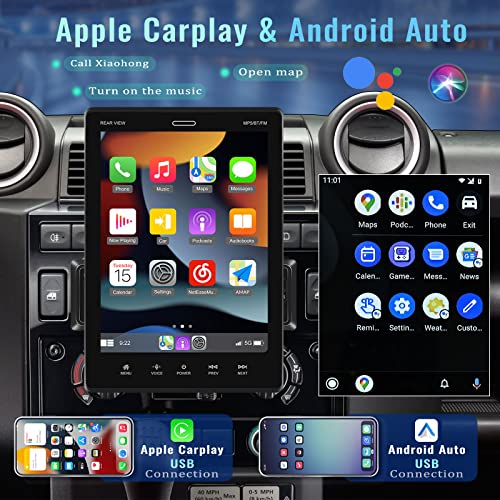 Single Din Car Stereo with Apple Carplay Android Auto,9.5 Inch Capacitive Rotatable Touch Screen Car Radio with Mirror Link,Bluetooth,FM Radio,Car Multimedia Player Support AUX/USB/TF+Backup Camera