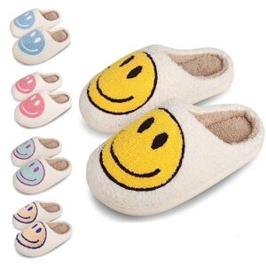 dubuto smile face slippers for girls boys, cute soft plush anti-slip fluffy fuzzy house slippers with memory foam warmth cartoon happy face shoes for indoor outdoor
