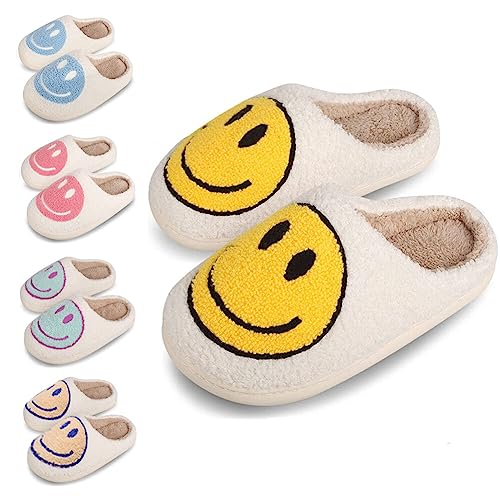 dubuto Smile Face Slippers for Girls Boys, Cute Soft Plush Anti-slip Fluffy Fuzzy House Slippers with Memory Foam Warmth Cartoon Happy face Shoes for Indoor Outdoor