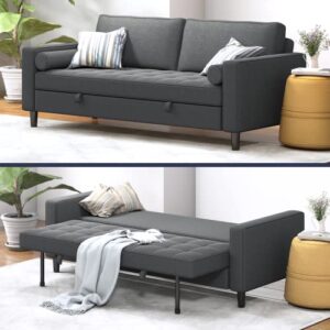 zafly reversible sleeper sofa bed with cushion, modern pull out linen fabric couch bed, 2-in-1 pillows couch for living room apartment office bedroom studio small places dark gray