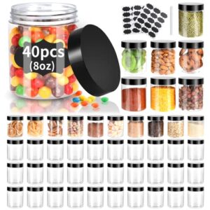 40 pack plastic jars with lids, gencywe 8 oz clear slime cosmetics containers with pen and labels, leakproof storage jars, pet empty jars with black lids for kitchen cookie candy spices dry food cream