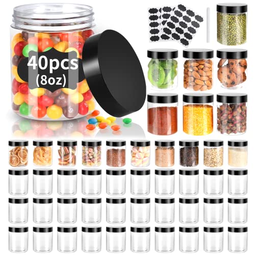 40 Pack Plastic Jars with Lids, Gencywe 8 oz Clear Slime Cosmetics Containers with Pen and Labels, Leakproof Storage Jars, PET Empty Jars with Black Lids for Kitchen Cookie Candy Spices Dry Food Cream