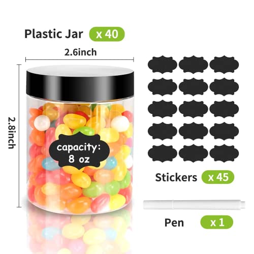 40 Pack Plastic Jars with Lids, Gencywe 8 oz Clear Slime Cosmetics Containers with Pen and Labels, Leakproof Storage Jars, PET Empty Jars with Black Lids for Kitchen Cookie Candy Spices Dry Food Cream