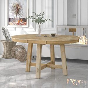 merax round wood dining table, farmhouse round extendable dining table with 16" leaf for kitchen (natural wood wash)