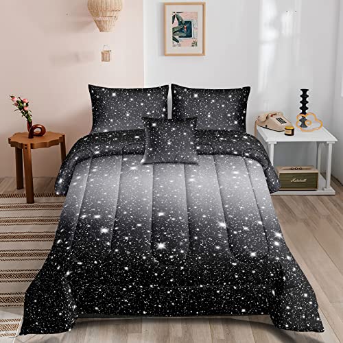 ROWADALO 5 Pieces Black Grey Glitter Sparkles Comforter Set Twin Size,Galaxy Starry Sky Bedding Sets 5 Pcs Bed in A Bag for Kids Teen Girls Ultra Soft All-Season Ombre Bedding Set,DJTGB5001Twin