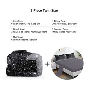 ROWADALO 5 Pieces Black Grey Glitter Sparkles Comforter Set Twin Size,Galaxy Starry Sky Bedding Sets 5 Pcs Bed in A Bag for Kids Teen Girls Ultra Soft All-Season Ombre Bedding Set,DJTGB5001Twin