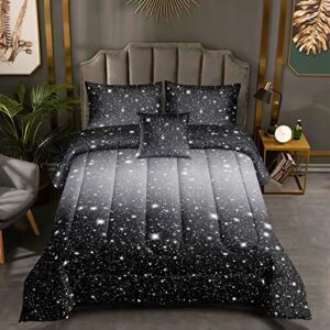 ROWADALO 5 Pieces Black Grey Glitter Sparkles Comforter Set Twin Size,Galaxy Starry Sky Bedding Sets 5 Pcs Bed in A Bag for Kids Teen Girls Ultra Soft All-Season Ombre Bedding Set,DJTGB5001Twin