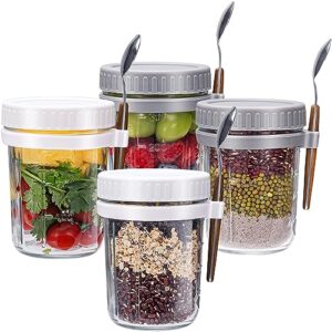 overnight oats jars with spoon and lid (15 oz4pack), airtight oatmeal container with measurement marks, mason jars with lid for cereal on the go container (2 white+2 grey)