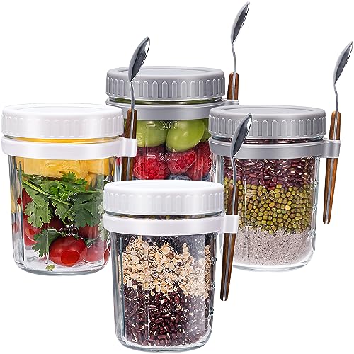 Overnight Oats Jars with Spoon and Lid (15 oz4Pack), Airtight Oatmeal Container with Measurement Marks, Mason Jars with Lid for Cereal On The Go Container (2 white+2 grey)