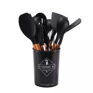 kitchenware set wood and silicone 12-piece non-stick frying cooking baking utensils (bpa free) (black)
