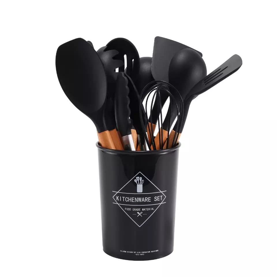 Kitchenware Set wood and silicone 12-piece non-stick frying cooking baking utensils (BPA Free) (Black)