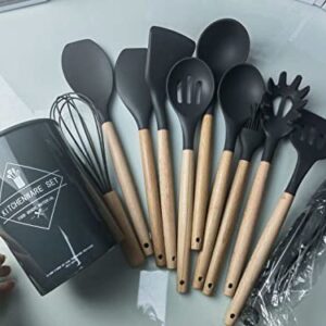 Kitchenware Set wood and silicone 12-piece non-stick frying cooking baking utensils (BPA Free) (Black)