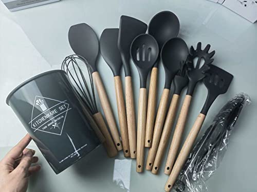 Kitchenware Set wood and silicone 12-piece non-stick frying cooking baking utensils (BPA Free) (Black)