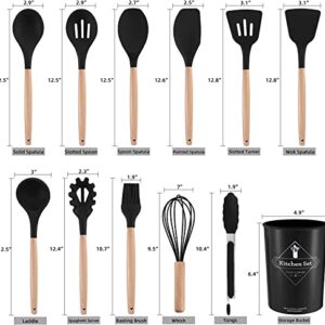 Kitchenware Set wood and silicone 12-piece non-stick frying cooking baking utensils (BPA Free) (Black)