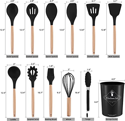 Kitchenware Set wood and silicone 12-piece non-stick frying cooking baking utensils (BPA Free) (Black)